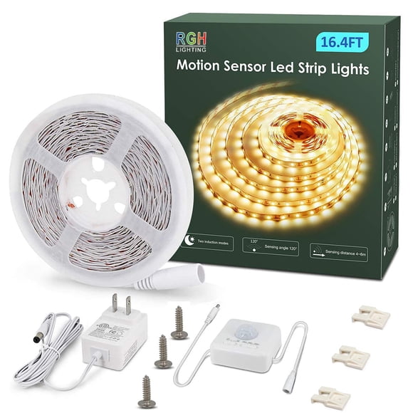 Tira de luces LED RGH LIGHTING de 5 m con sensor de movimiento, blanco cálido