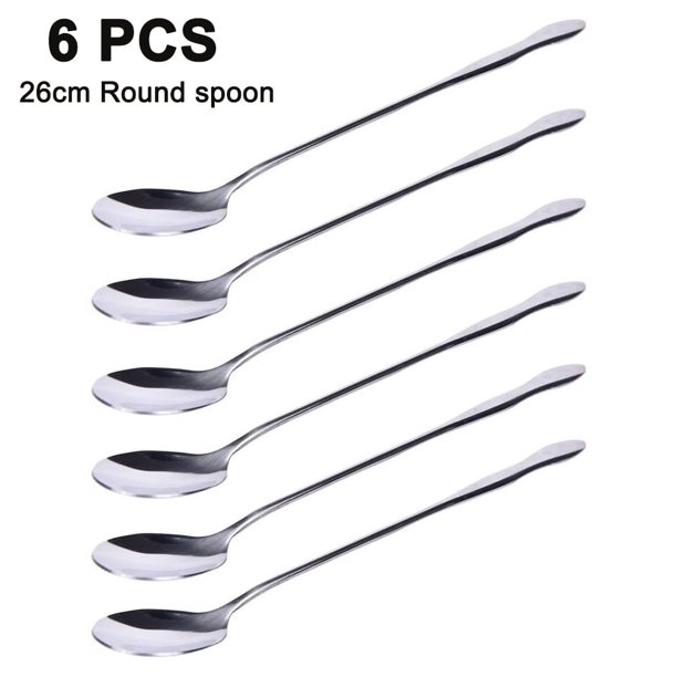 Juego de 6 cubiertos de acero inoxidable, cuchara larga para cóctel de 26 cm, acero inoxidable pulido, apto para lavavajillas.