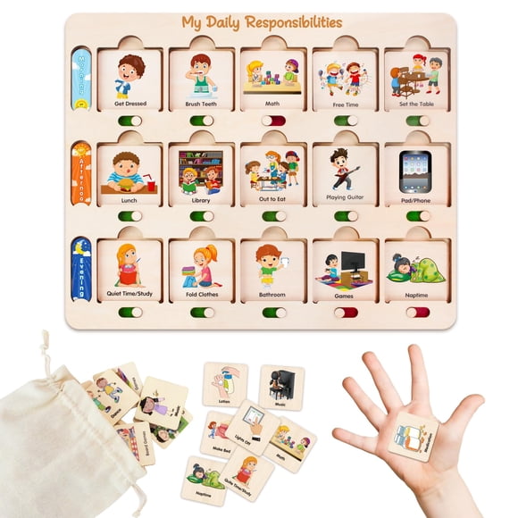 Horario visual de madera abcxGOOD para niños, tabla de tareas con 76 tarjetas