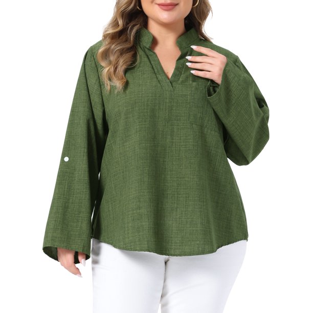 Agnes Orinda Blusa Texturizada de Manga Larga con Cuello Alto y Abertura en V para Mujer de Talla Grande, con Bolsillo, 5X Verde