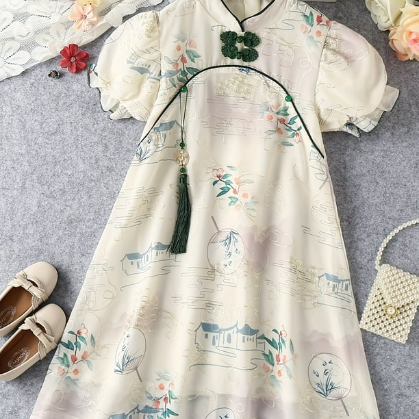 Toddler Girls Puff Sleeve Frill Trim Fan Embroidery Tassel Chinese Style Cheongsam Dress For Party Kids Summer Clothes