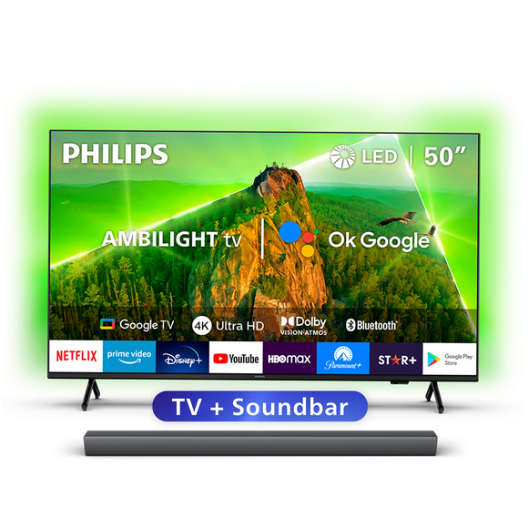 Ambilight TV 50" PUD7908+ Soundbar TAB4208 Smart Starter