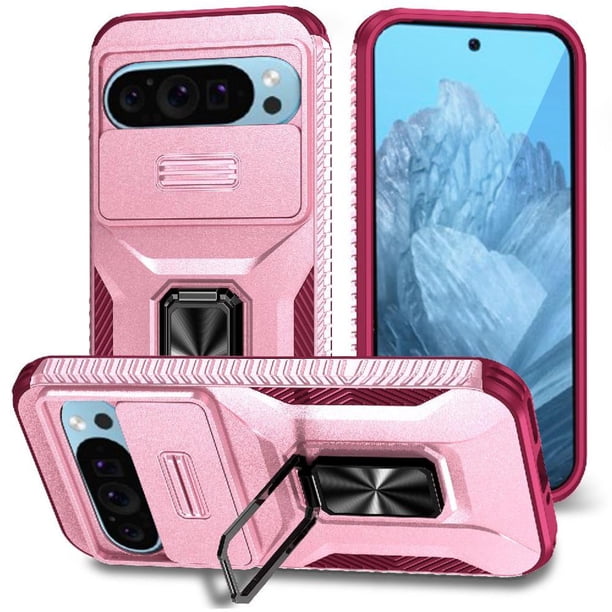 Funda Armada para Google Pixel 9 con Tapa Deslizante y Soporte Magnético Giratorio Rosa