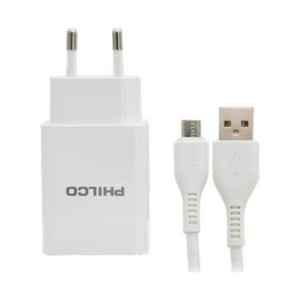 Philco - Cargador De Pared 2 Usb 2.1A Cable Micro Usb Blanco