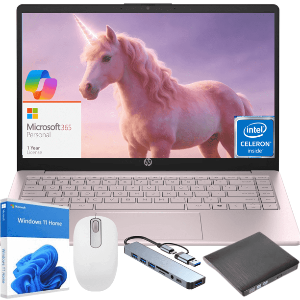 Notebook 14" HD, Intel N150, 16 GB RAM, 128 GB eMMC, Windows 11 Home, pantalla antirreflejo, diseño liviano y portátil, incluye set de regalo rosado