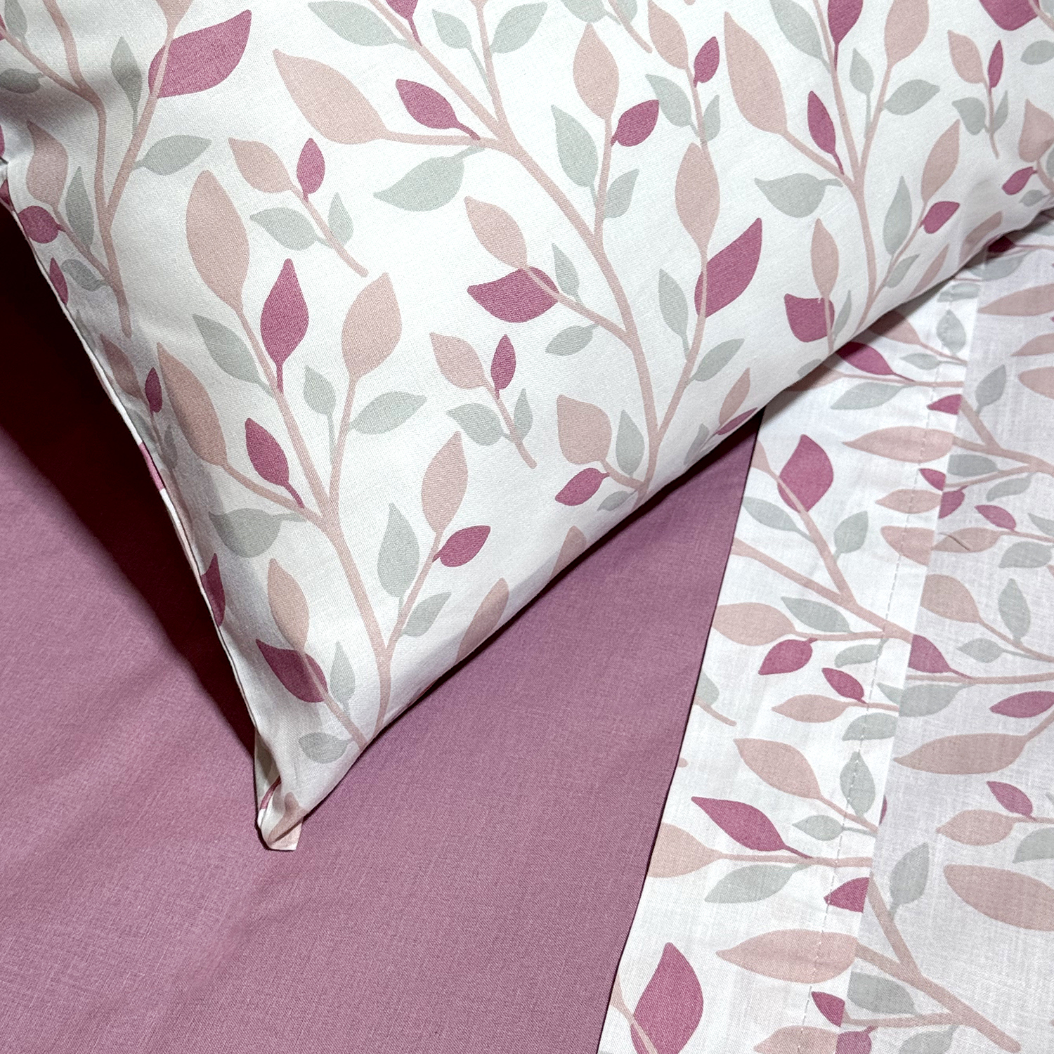 Andes - Sabana 144 Hilos Estampada 1 5 Plaza Hojas Rosa