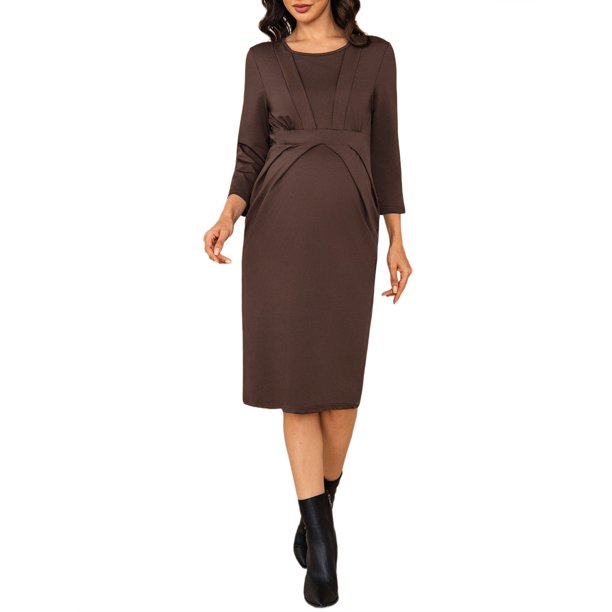 INSPIRE CHIC Vestido de Trabajo de Maternidad con Mangas 3/4 Semi Formal para Oficina Vestidos de Embarazo con Fruncido XX-Large Marrón