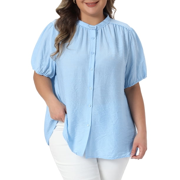 Agnes Orinda Blusas de Verano Casual Elegantes para Mujer de Talla Grande con Botones, Manga Abullonada y Cuello Mao, Talla 2X Azul Claro