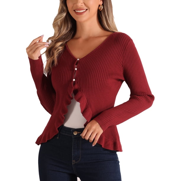 INSPIRE CHIC Chaqueta de Manga Larga para Mujer con Botones y Volantes en el Cuello en V, Cárdigan Suéter M Rojo Oscuro