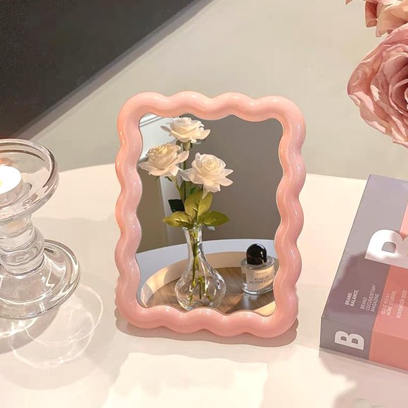 Espejo de maquillaje CCREDONE de 17 cm, rosa, plegable para escritorio