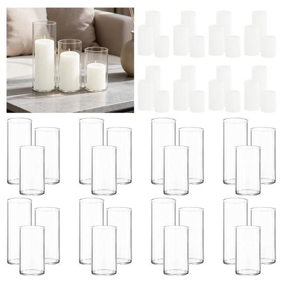 Set Veiuwa de 24 piezas: Velas blancas y floreros de vidrio