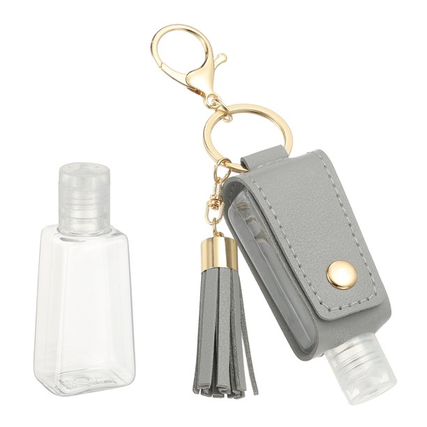 Botella Vacía de Viaje Portátil con Llavero, Botellas Mini de Cuero PU de 30ml, Contenedor Recargable para Jabón Líquido de Tamaño de Viaje para Loción de Tocador Champú Jabón Líquido, Gris