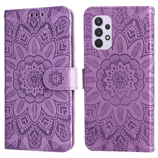 Funda tipo cartera FOXDOCK para Samsung Galaxy A32 4G , diseño girasol en relieve, cuero PU, cierre magnético, soporte y tarjetero