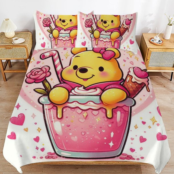 Winnie The Pooh Bed Duvet Cover Microfiber Bedding Sets 3D Printed Lightweight 3 Piece Comforter Sets for Kids Boys Girls