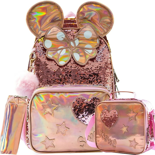 3PCS Backpack for Girls 16" 3pcs School Backpacks with Lunch Box for Elementary Students Travel Sequin Backpack for Girls