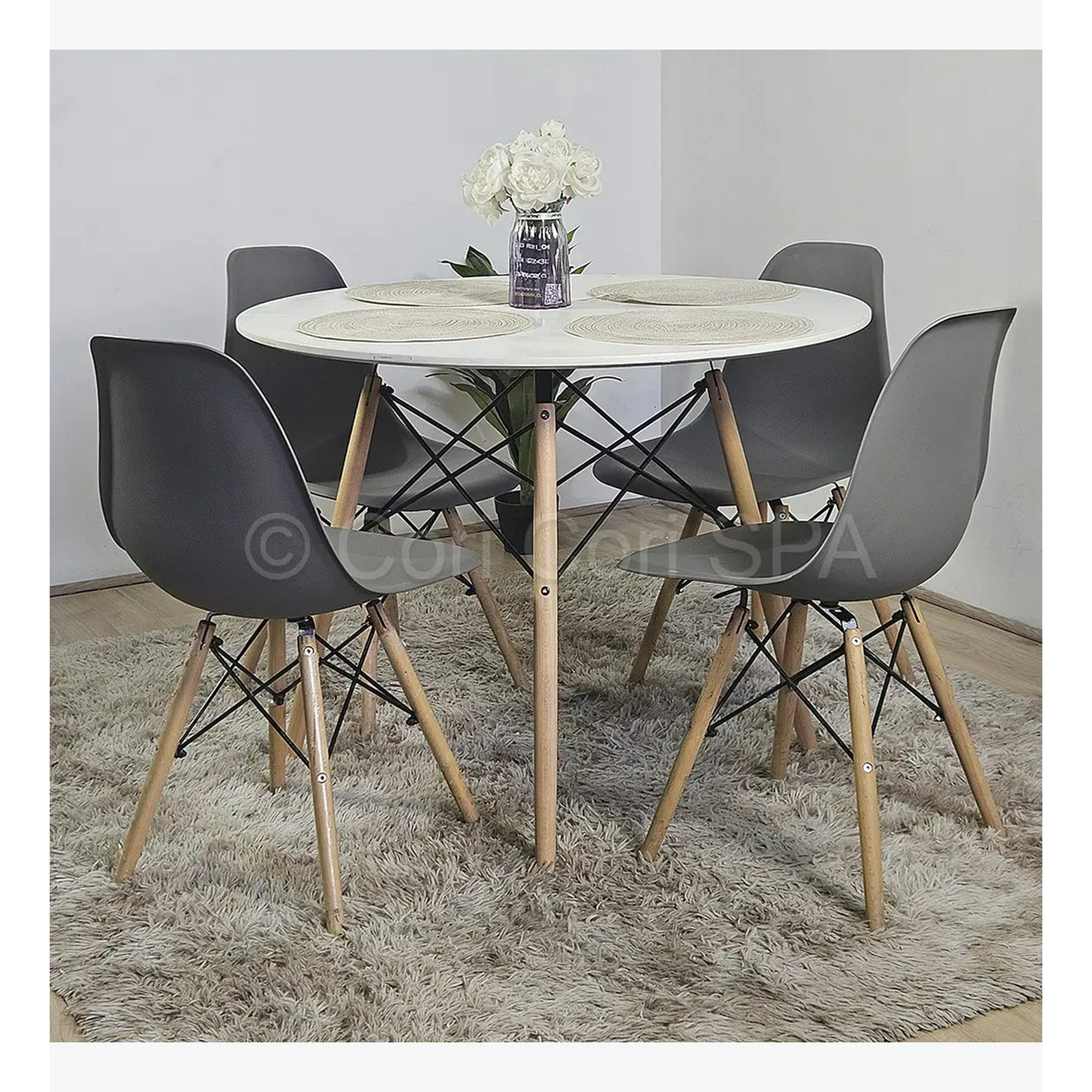 Cori Cori - Juego De Comedor Mesa Eames Blanca 100cms + 4 Sillas Eames Gris