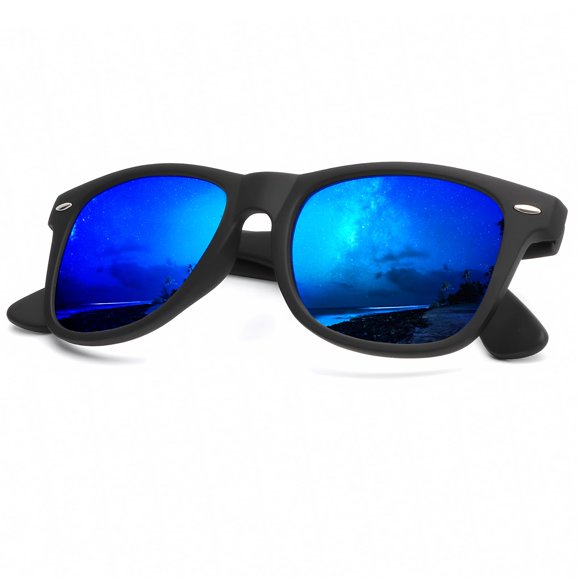 Gafas de Sol KALIYADI Polarizadas con Montura Negra Mate y Lentes Espejo Azules