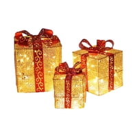 Magideal - Cajas De Regalo Iluminadas De Navidad, Iluminación Decorativa De Navidad, Adornos De Regalo Brillantes Para Porche Al Aire Libre, 3 Piezas Oro Y Rojo