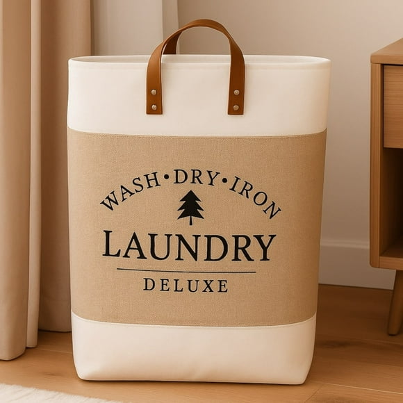 Cesta Canasto para ropa sucia Diseño Deluxe con asas de cuero Beige
