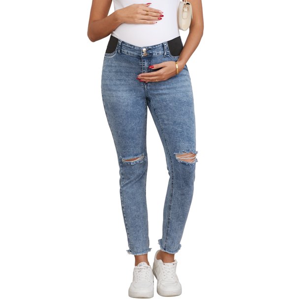 INSPIRE CHIC Pantalones Vaqueros Ajustados para Mujeres Embarazadas con Panel Lateral de Cintura Alta y Rasgados, Pantalones de Mezclilla Altamente Elásticos con Bolsillos 2026 XL Azul Claro