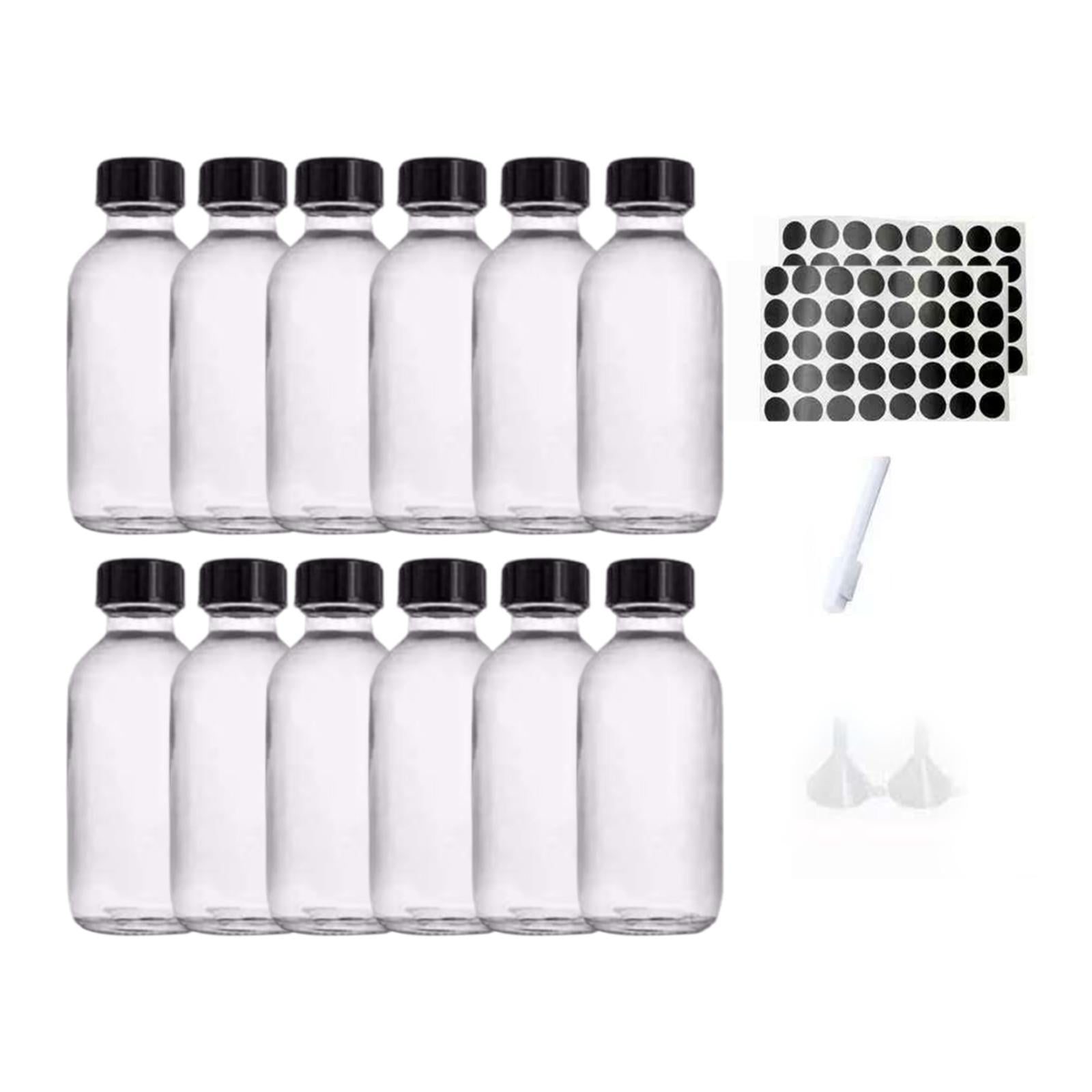 Magideal - 12 Mini Botellas De Vidrio Vacías, Redondas, Con Tapas, Embudos Y Etiquetas. Vidrio Grueso A Prueba De Fugas, Ideales Para Cuidado Personal, Hogar Y V 12 Piezas De 2 Oz