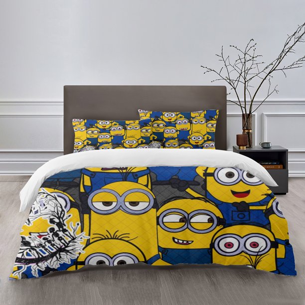 Minions Bedding Sets Bed Cartoon Duvet Cover Lightweight 3 Piece Bet Sets for Kids Boys Girls