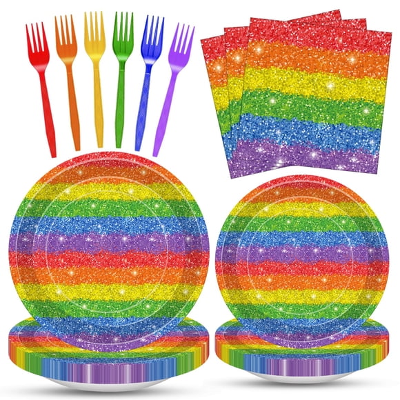 Set de artículos para fiesta Kafolix de 100 piezas, platos y tenedores arcoíris