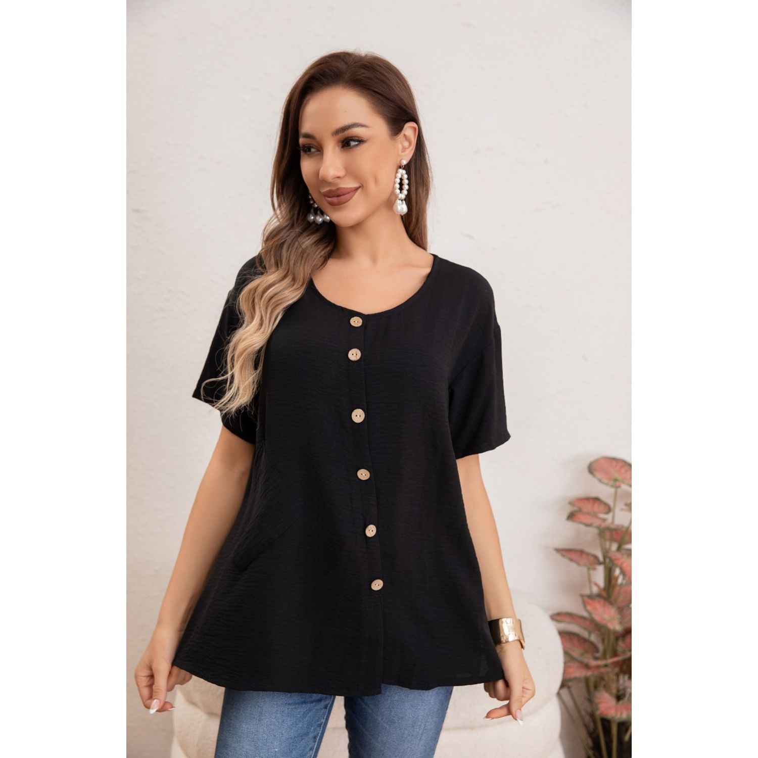 Likeshop - Blusa Mujer Manga Corta Algodón Botones Bolsillos 037