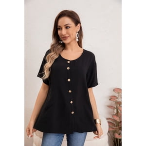 Likeshop - Blusa Mujer Manga Corta Algodón Botones Bolsillos 037