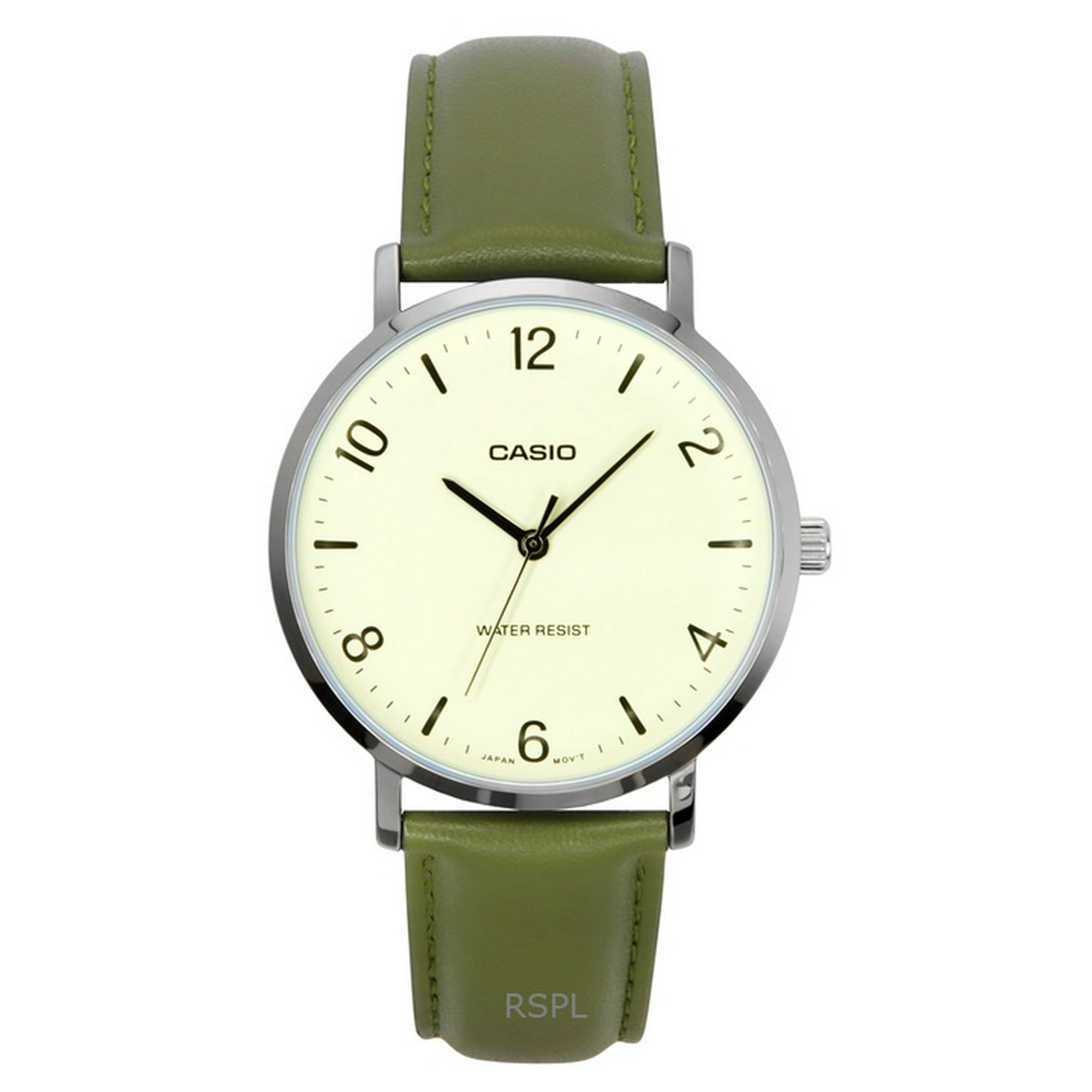 Casio MTP-VT03L-7B Orologio Uomo Analogico, Cinturino In Pelle Verde Beige, Quadrante Concavo Grigio, 40mm