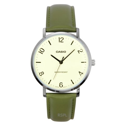Reloj Casio Standard Analog Green Leather Strap White Dial Quartz Mtp-Vt03L-7B Men'S Watch