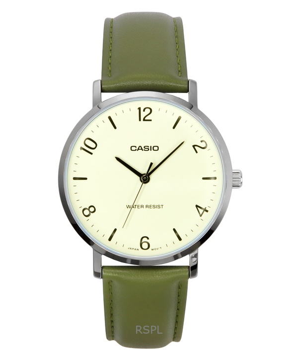 Reloj Casio Standard Analog Green Leather Strap White Dial Quartz Mtp-Vt03L-7B Men'S Watch
