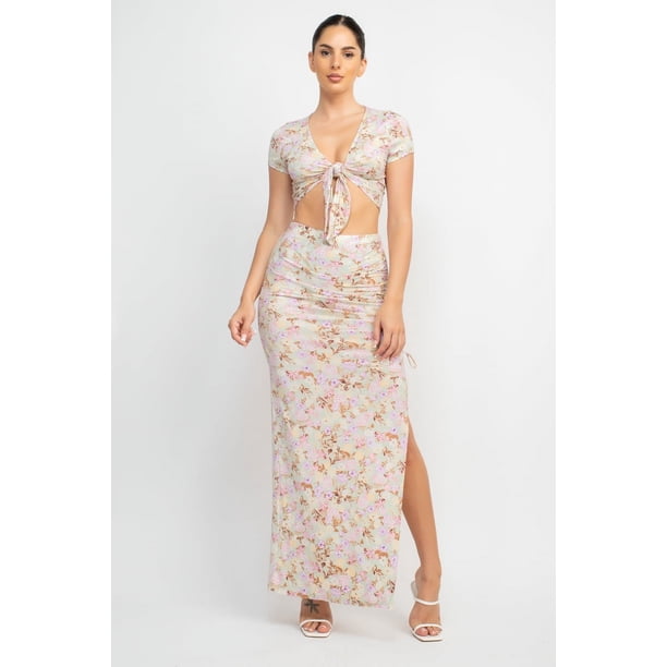 Conjunto de Top Floral con Nudo Delantero y Falda Larga Fruncida, Bebé Salvia L