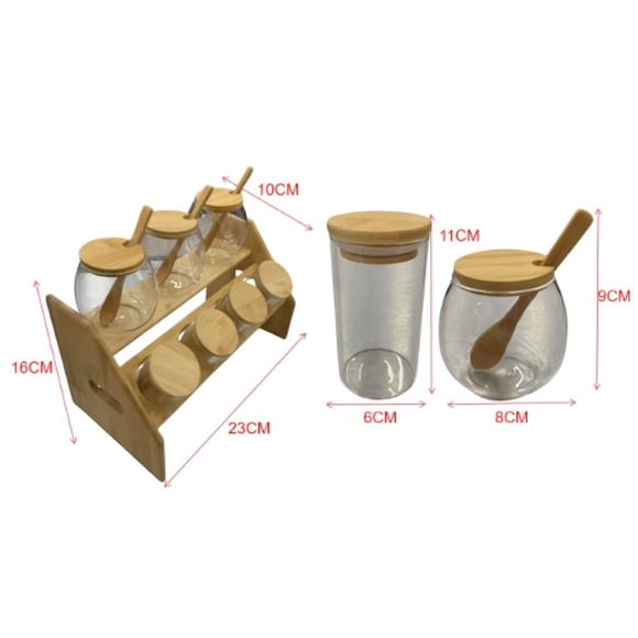 Set Condimentero de Vidrio con Base de Madera y Cucharas