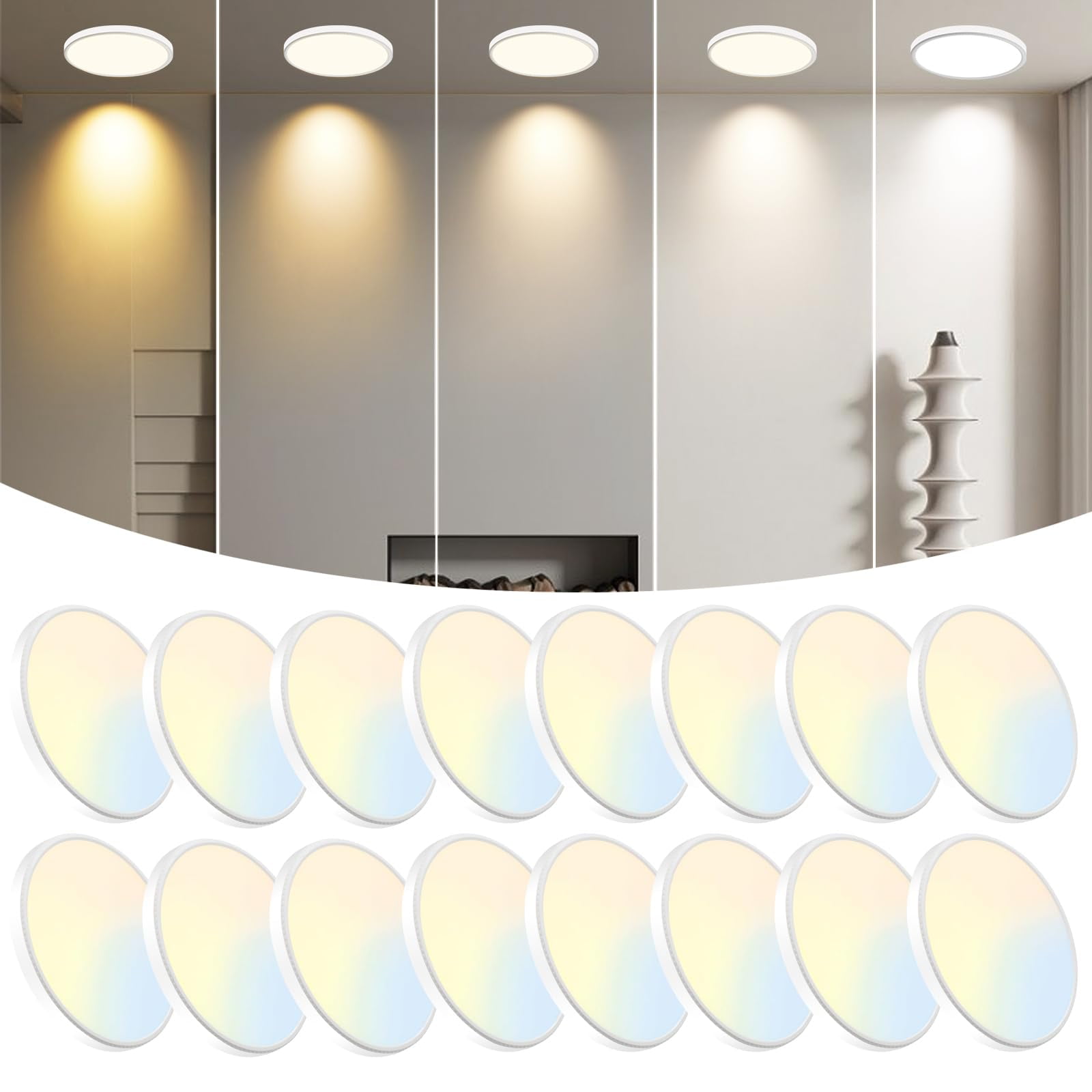 Luminarias De Techo Wkoncldy, Paquete De 16, 19 Cm, Led, 5 Colores, 1600 Lm, 16 W