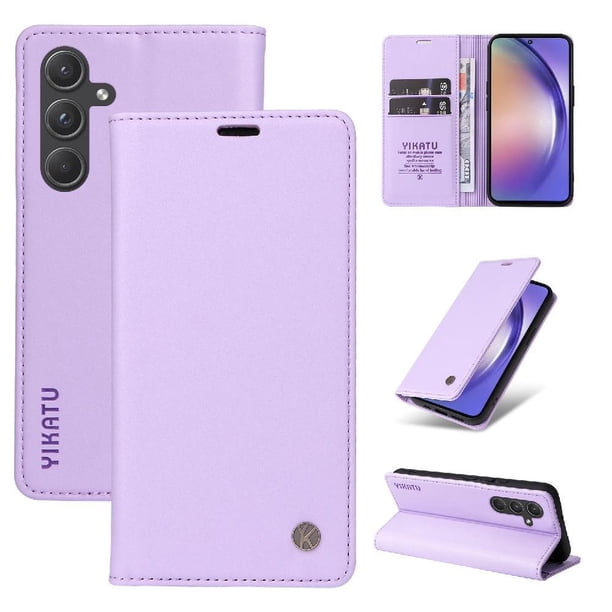 Funda Billetera de Cuero para Samsung Galaxy A55 5G con Tarjetero y Soporte - Tapa Magnética Morado
