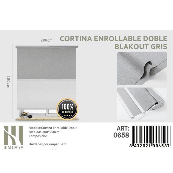 Cortina Enrollable Doble Blackout Gris Jaspeada 200x200cm