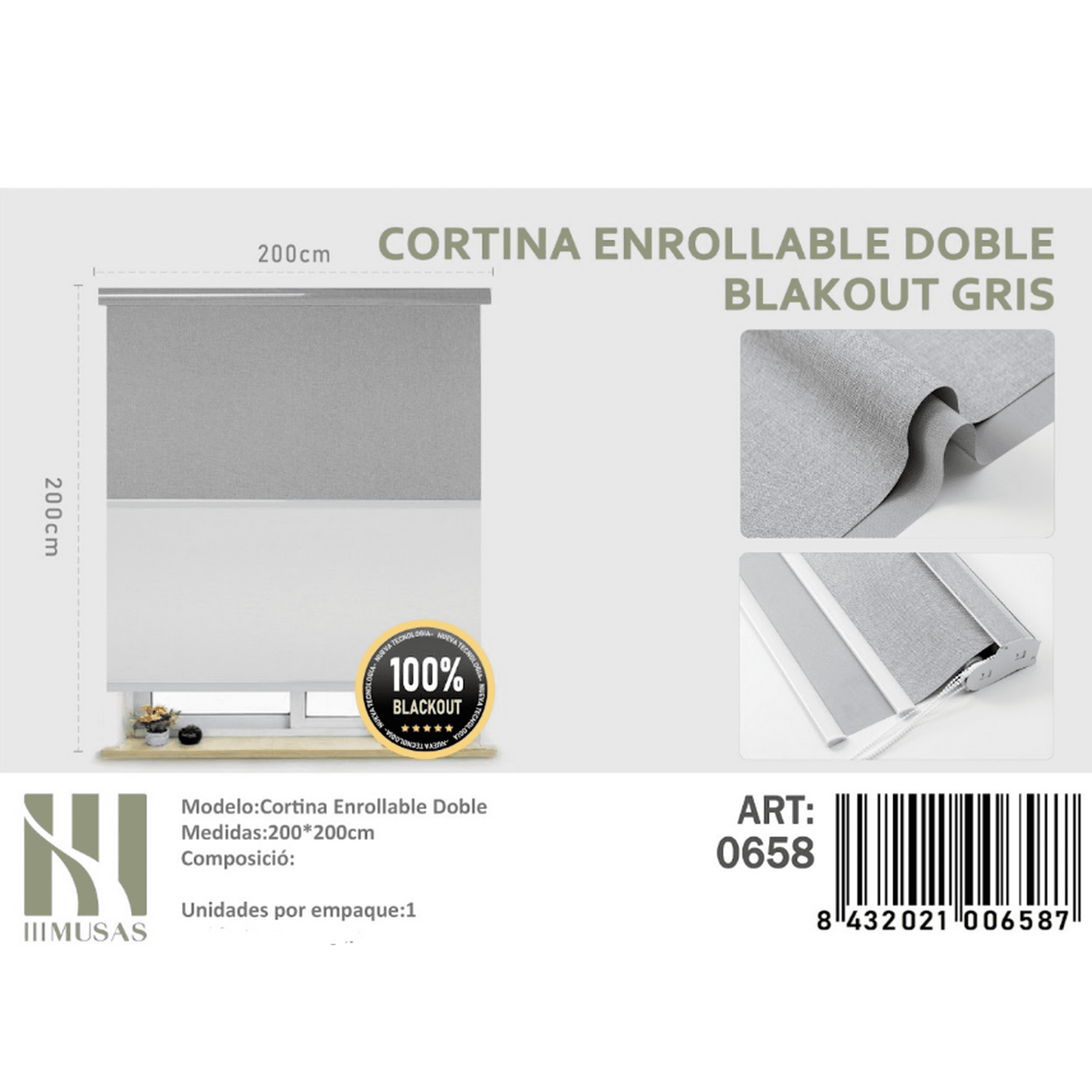 Mundo Shopping - Cortina Enrollable Doble Blackout Gris Jaspeada 200x200cm