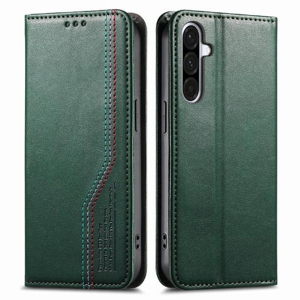 Funda tipo cartera para Samsung Galaxy A37 de piel con cierre magnético, ranuras para tarjetas y correa para la muñeca Verde