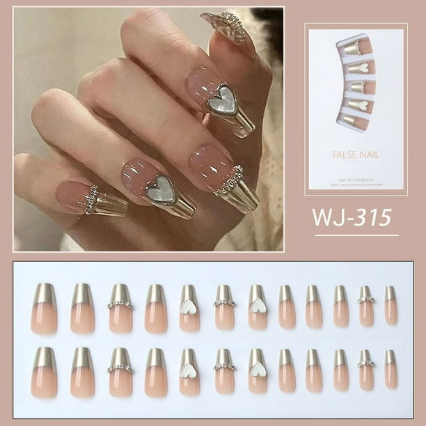 3D Heart French Coffin Nails - Long-Lasting Full Cover Fake Nails for Women and Girls