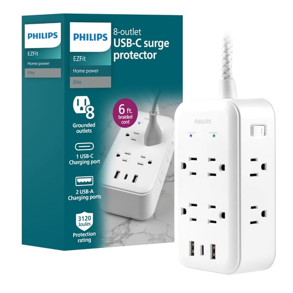 Supresor de picos Philips de 8 contactos, 2 USB-A, 1 USB-C, 17 W, 3120 J, blanco
