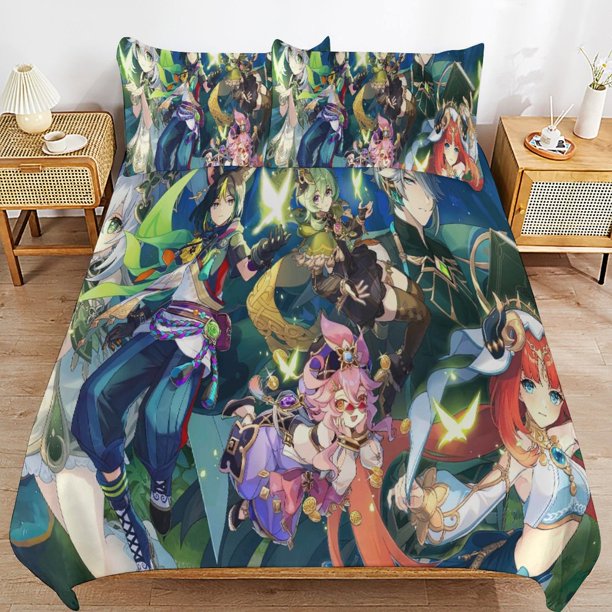 Genshin-Impact Genshin-Impact Bedding Set Sheet Set for Kids Adults,All Season Lightweight