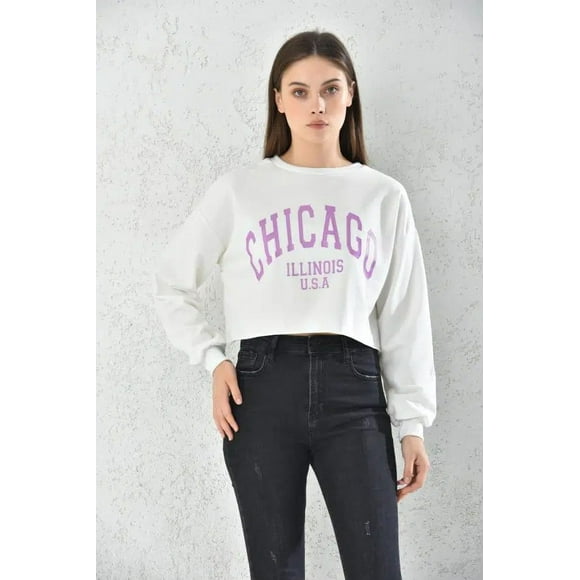Poleron Chicago Manga Larga Crop Mujer Blanco Talla L