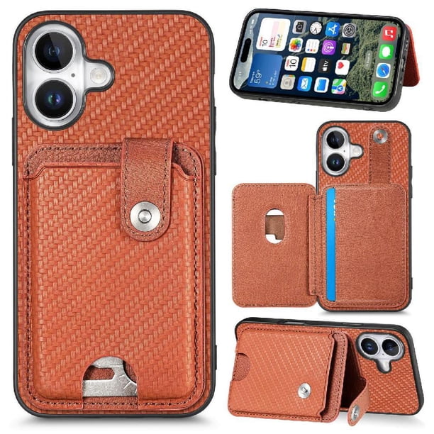 Funda Billetera Tejida para iPhone 16 Plus con Soporte y Tarjetero Marrón