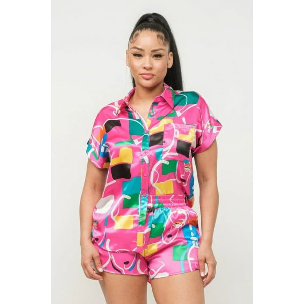 Conjunto De Camisa De Manga Corta Con Botones Y Estampado Dolman De Satén Y Shorts Con Cintura Elástica Y Bolsillos Laterales Color Fucsia (para Mujer)