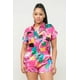 thumbnail image 1 of Conjunto De Camisa De Manga Corta Con Botones Y Estampado Dolman De Satén Y Shorts Con Cintura Elástica Y Bolsillos Laterales Color Fucsia (para Mujer), 1 of 5