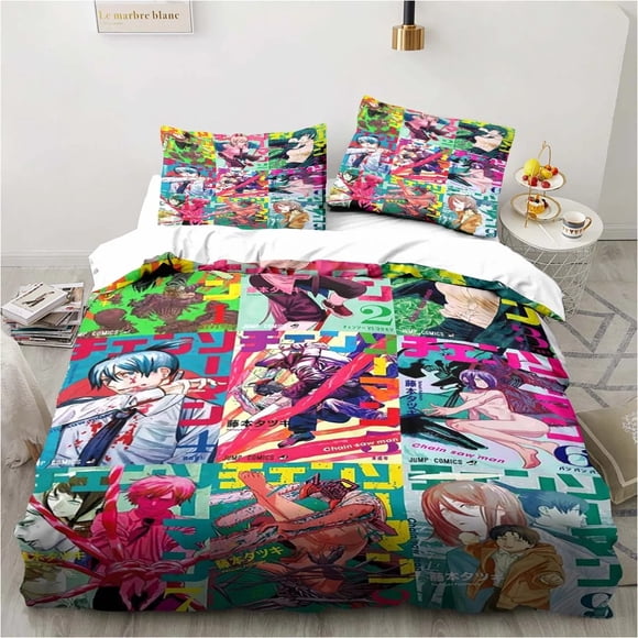 Chainsaw Man Bedding Lovely Cartoon Twin Bedding Set 3 Piece Comforter Set Bed Duvet Cover Double King Cover Home TextileBed Sheets