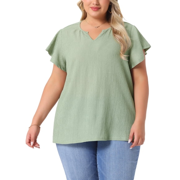 Agnes Orinda Mujeres Tallas Grandes Tops de Escuela Colegio Textura Cuello en V con Muesca Mangas con Volantes Verano Casual Camisetas Blusas 1X Verde