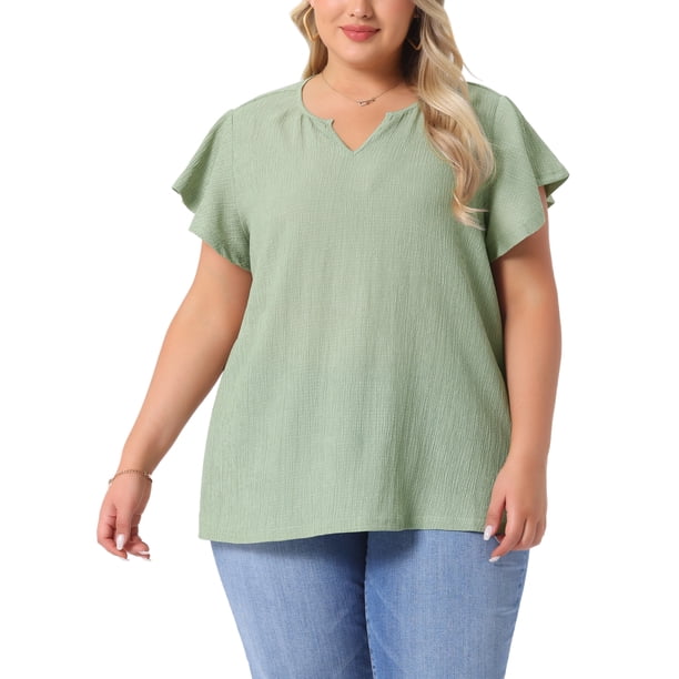 Agnes Orinda Mujeres Tallas Grandes Tops de Escuela Colegio Textura Cuello en V con Muesca Mangas con Volantes Verano Casual Camisetas Blusas 1X Verde