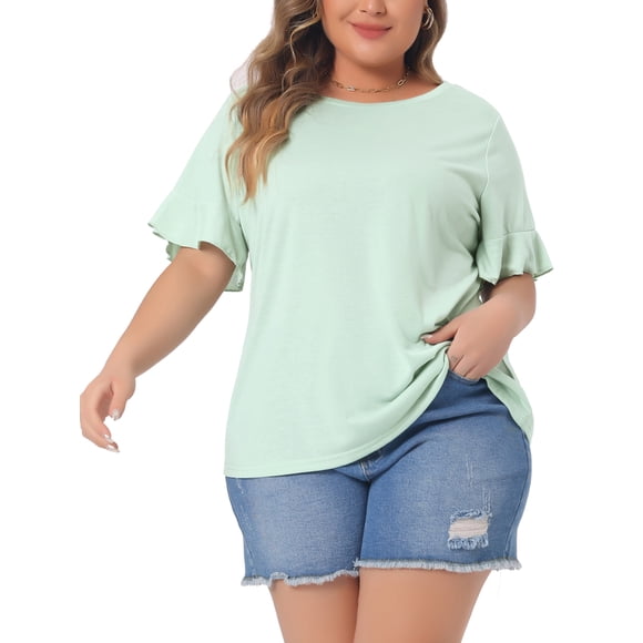 Agnes Orinda Tops para Mujer Tallas Grandes Cuello Redondo Camisetas de Manga Corta con Volantes Blusa Casual de Verano 3X Verde Menta